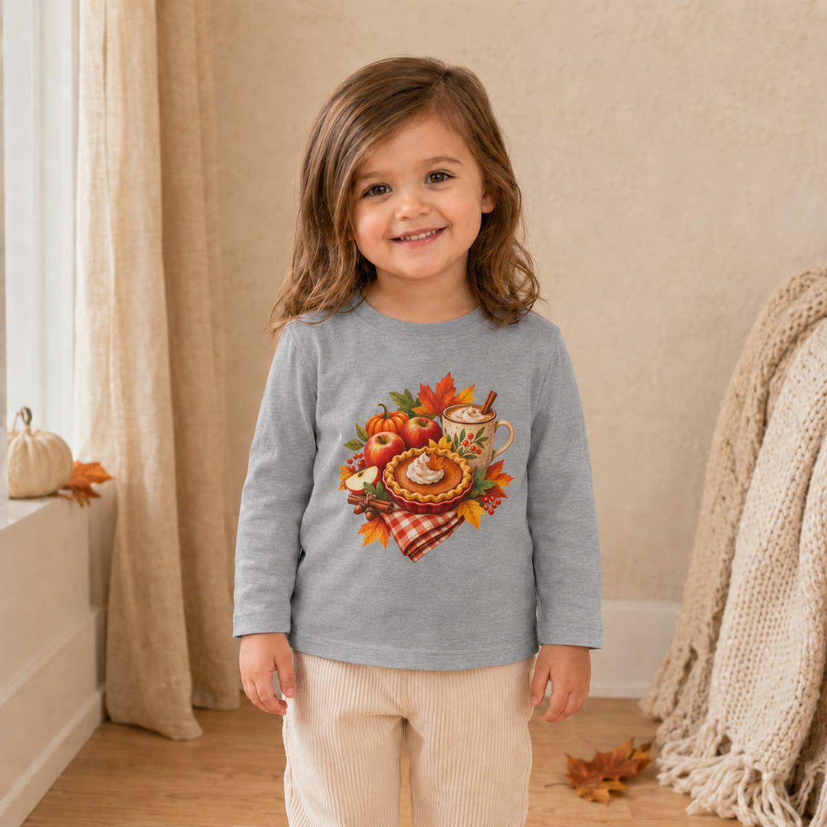 Toddler Thanksgiving Long Sleeve Shirt – Pumpkin Pie & Cozy Autumn Mug - Kids clothes - Image 3