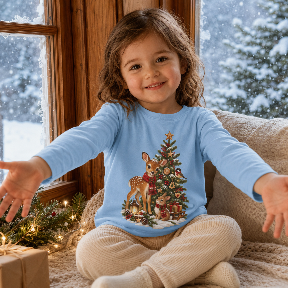 Toddler Christmas Long Sleeve Shirt – Woodland Deer, Bunny & Christmas Tree - Kids clothes - Image 1
