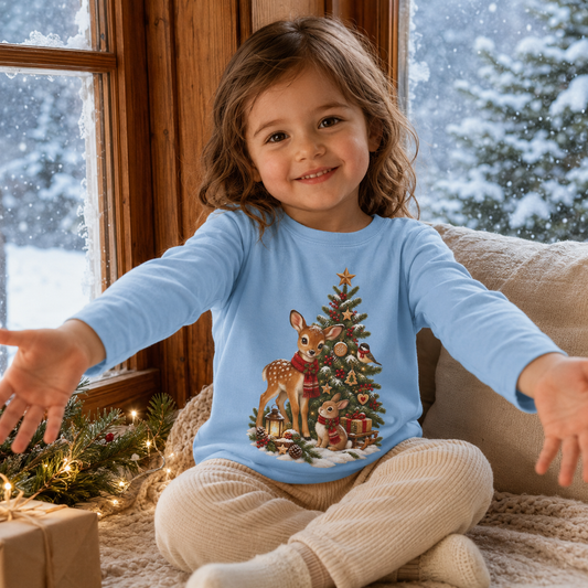 Toddler Christmas Long Sleeve Shirt – Woodland Deer, Bunny & Christmas Tree - Kids clothes - Image 1
