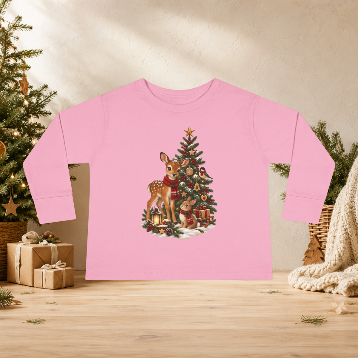 Toddler Christmas Long Sleeve Shirt – Woodland Deer, Bunny & Christmas Tree - Kids clothes - Image 8