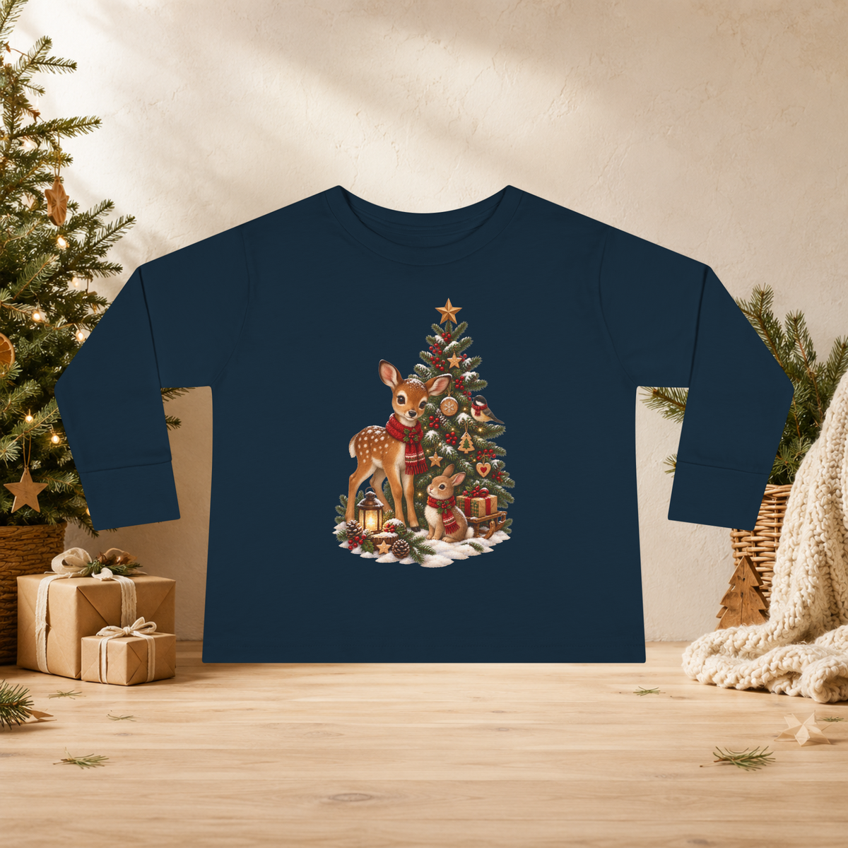Toddler Christmas Long Sleeve Shirt – Woodland Deer, Bunny & Christmas Tree - Kids clothes - Image 7