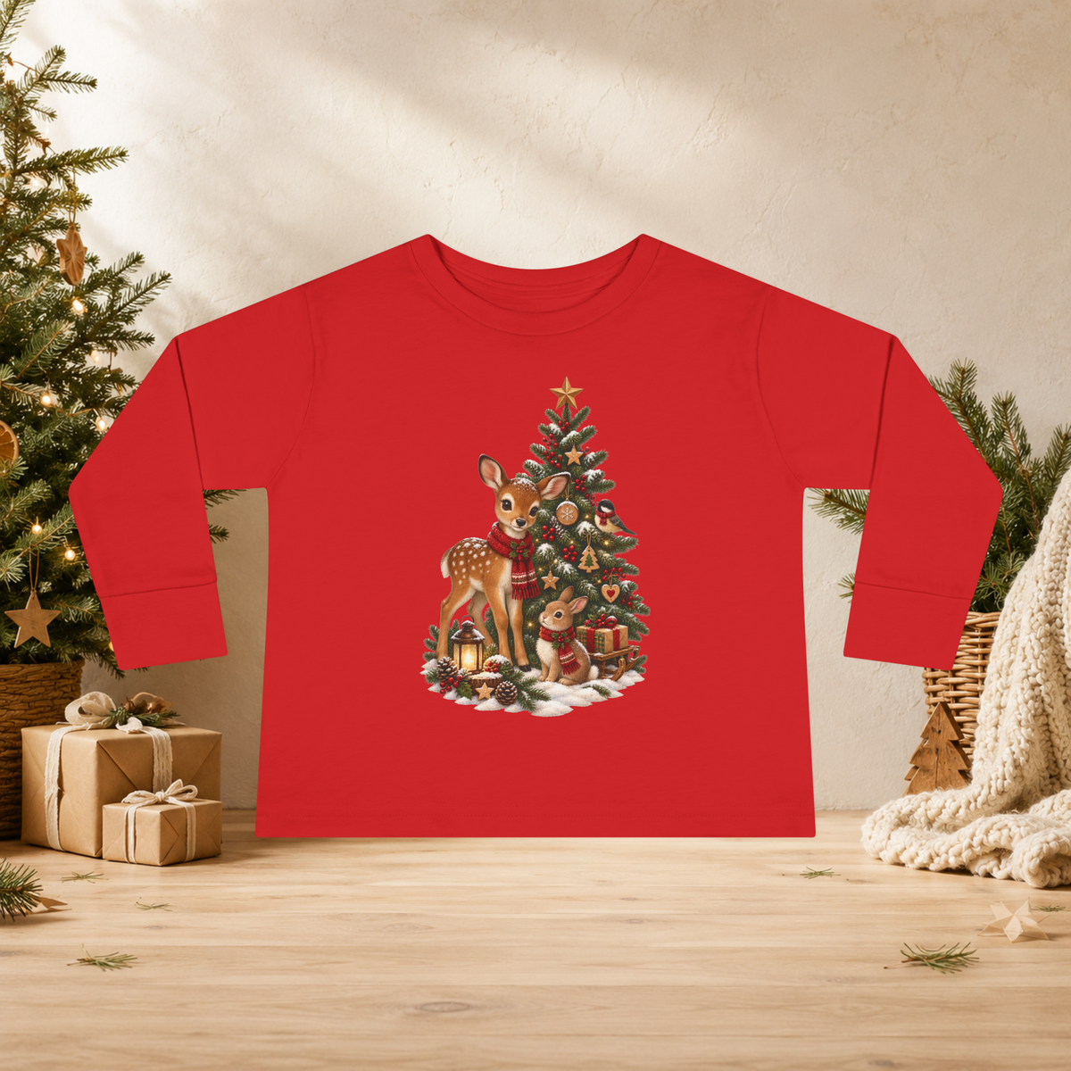 Toddler Christmas Long Sleeve Shirt – Woodland Deer, Bunny & Christmas Tree - Kids clothes - Image 9