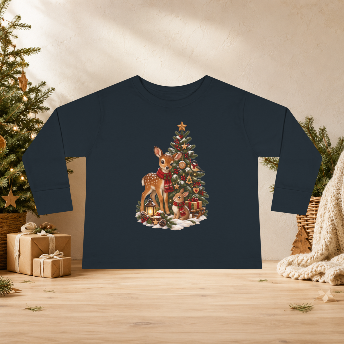 Toddler Christmas Long Sleeve Shirt – Woodland Deer, Bunny & Christmas Tree - Kids clothes - Image 6