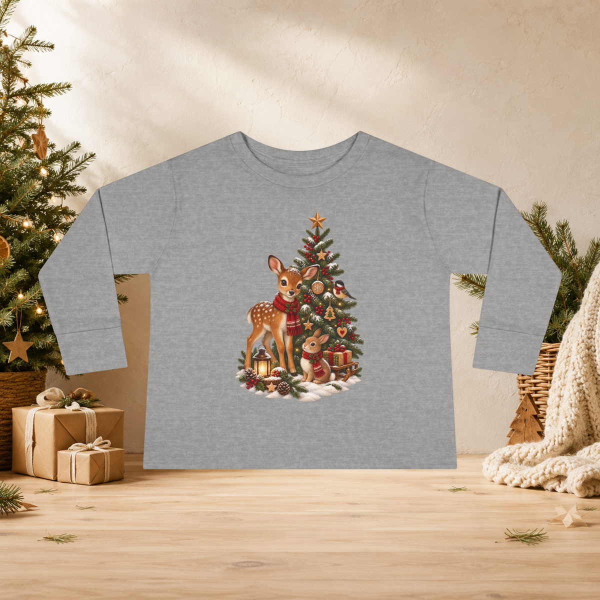 Toddler Christmas Long Sleeve Shirt – Woodland Deer, Bunny & Christmas Tree - Kids clothes - Image 4