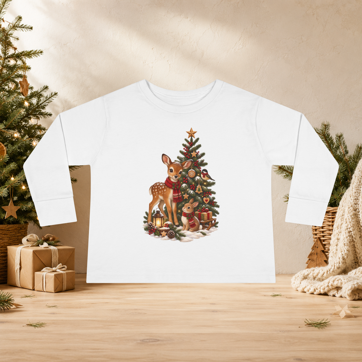 Toddler Christmas Long Sleeve Shirt – Woodland Deer, Bunny & Christmas Tree - Kids clothes - Image 2