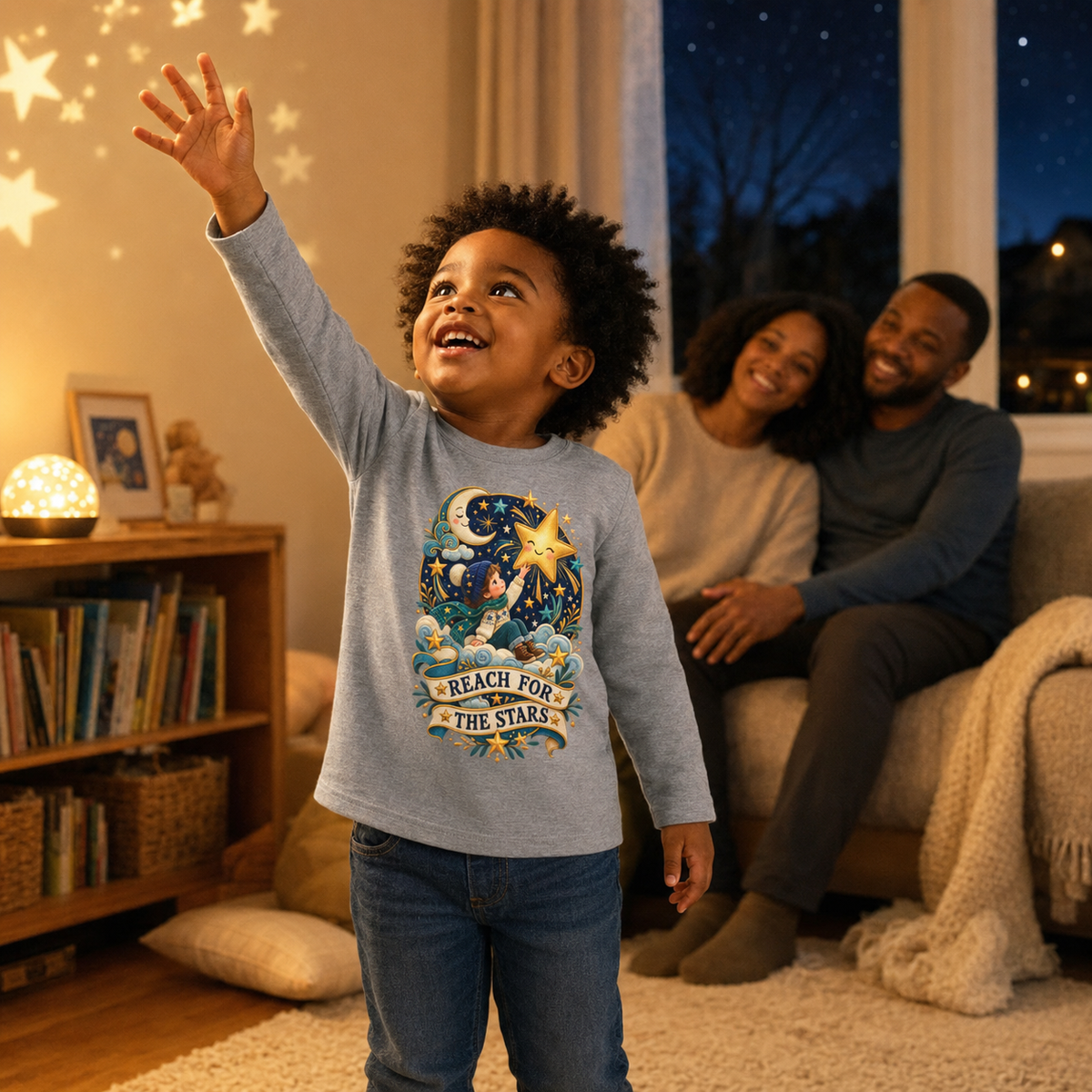 Reach for the Stars Toddler Long Sleeve Shirt – Celestial Moon & Stars Tee - Kids clothes - Image 1