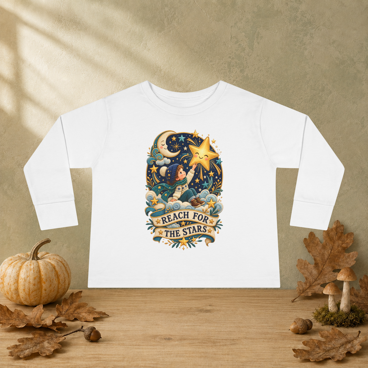 Reach for the Stars Toddler Long Sleeve Shirt – Celestial Moon & Stars Tee - Kids clothes - Image 2