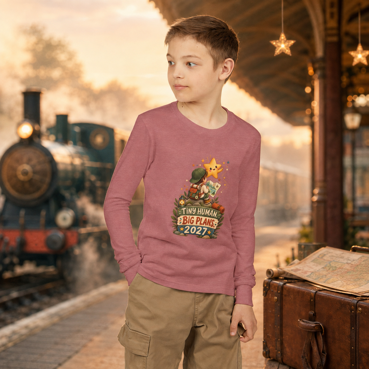 Kids’ “Tiny Human, Big Plans 2027” Long Sleeve Tee — Unisex New Year Adventure Shirt - Kids clothes - Image 1