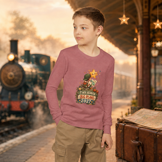 Kids’ “Tiny Human, Big Plans 2027” Long Sleeve Tee — Unisex New Year Adventure Shirt - Kids clothes - Image 1