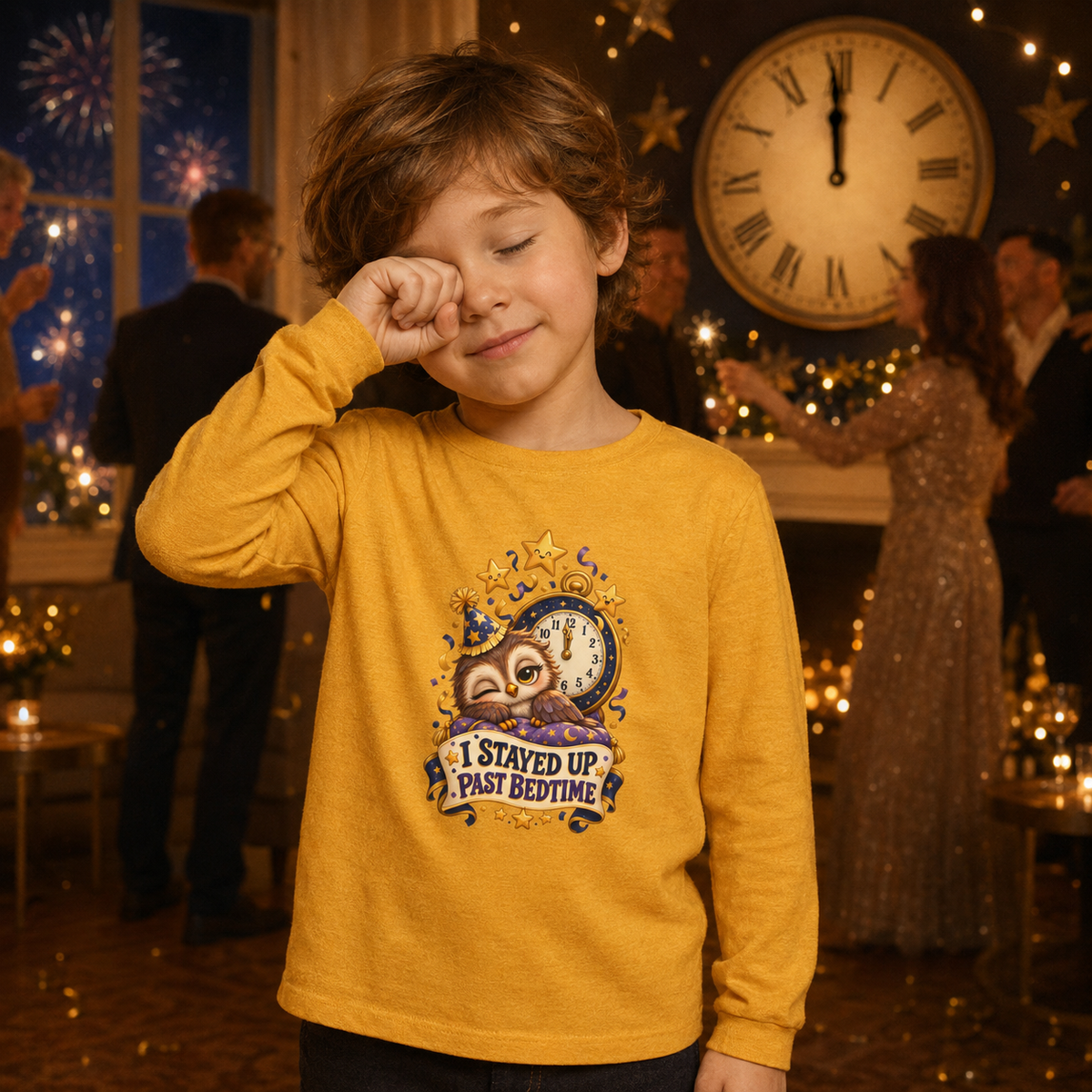 Youth “I Stayed Up Past Bedtime” Long Sleeve Tee — Funny Owl New Year Shirt - Kids clothes - Image 1