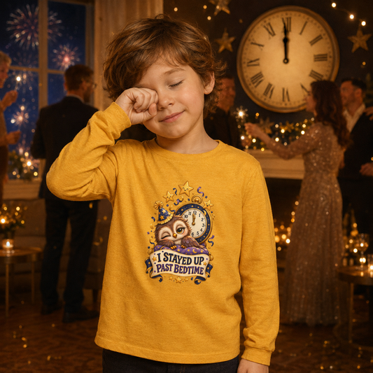 Youth “I Stayed Up Past Bedtime” Long Sleeve Tee — Funny Owl New Year Shirt - Kids clothes - Image 1