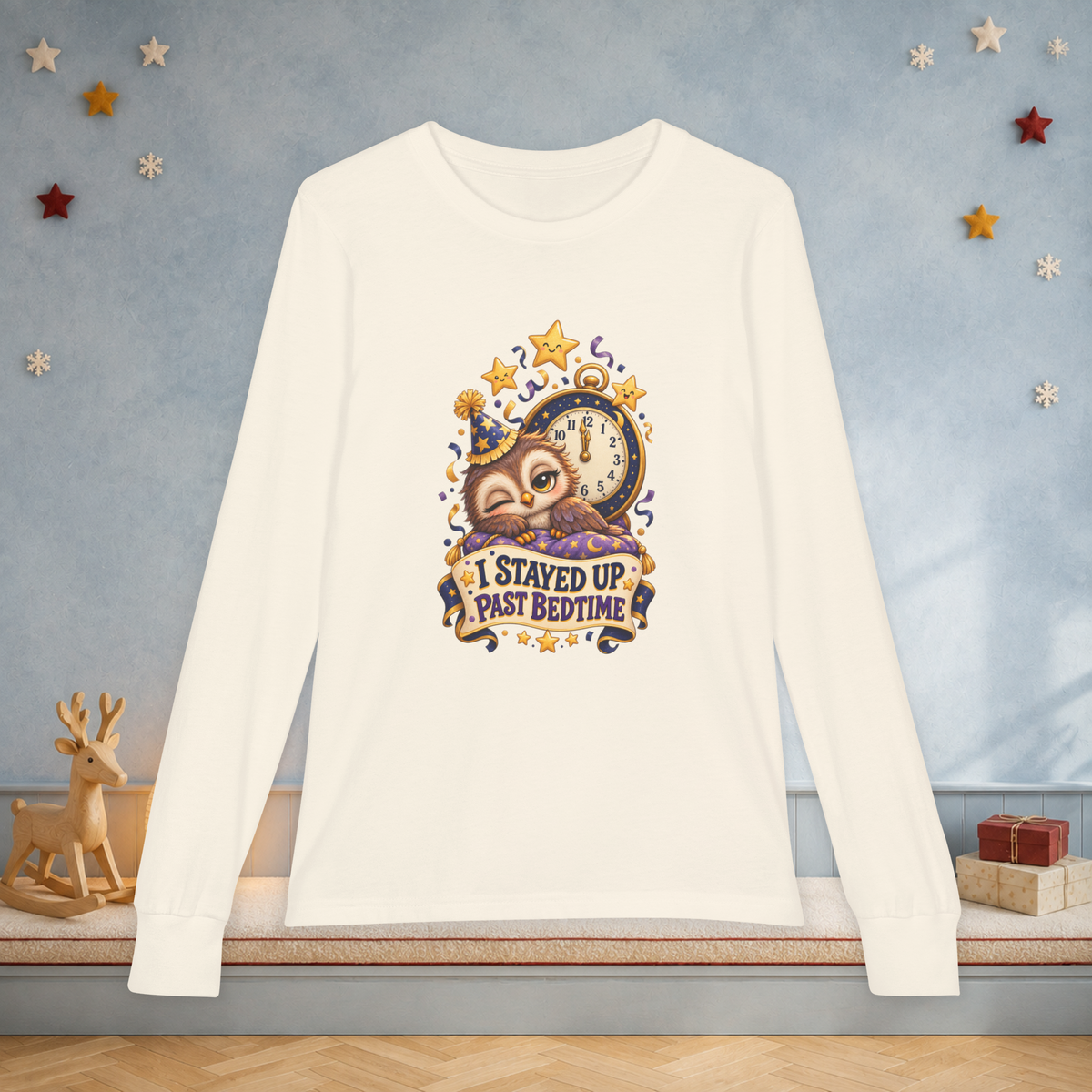 Youth “I Stayed Up Past Bedtime” Long Sleeve Tee — Funny Owl New Year Shirt - Kids clothes - Image 5
