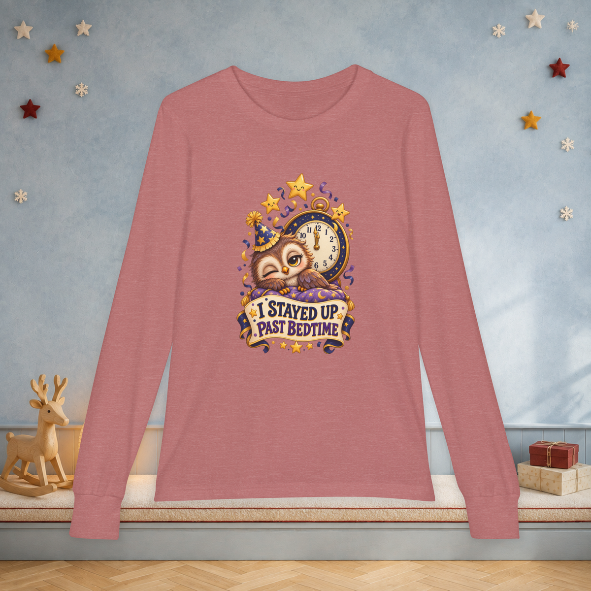 Youth “I Stayed Up Past Bedtime” Long Sleeve Tee — Funny Owl New Year Shirt - Kids clothes - Image 3