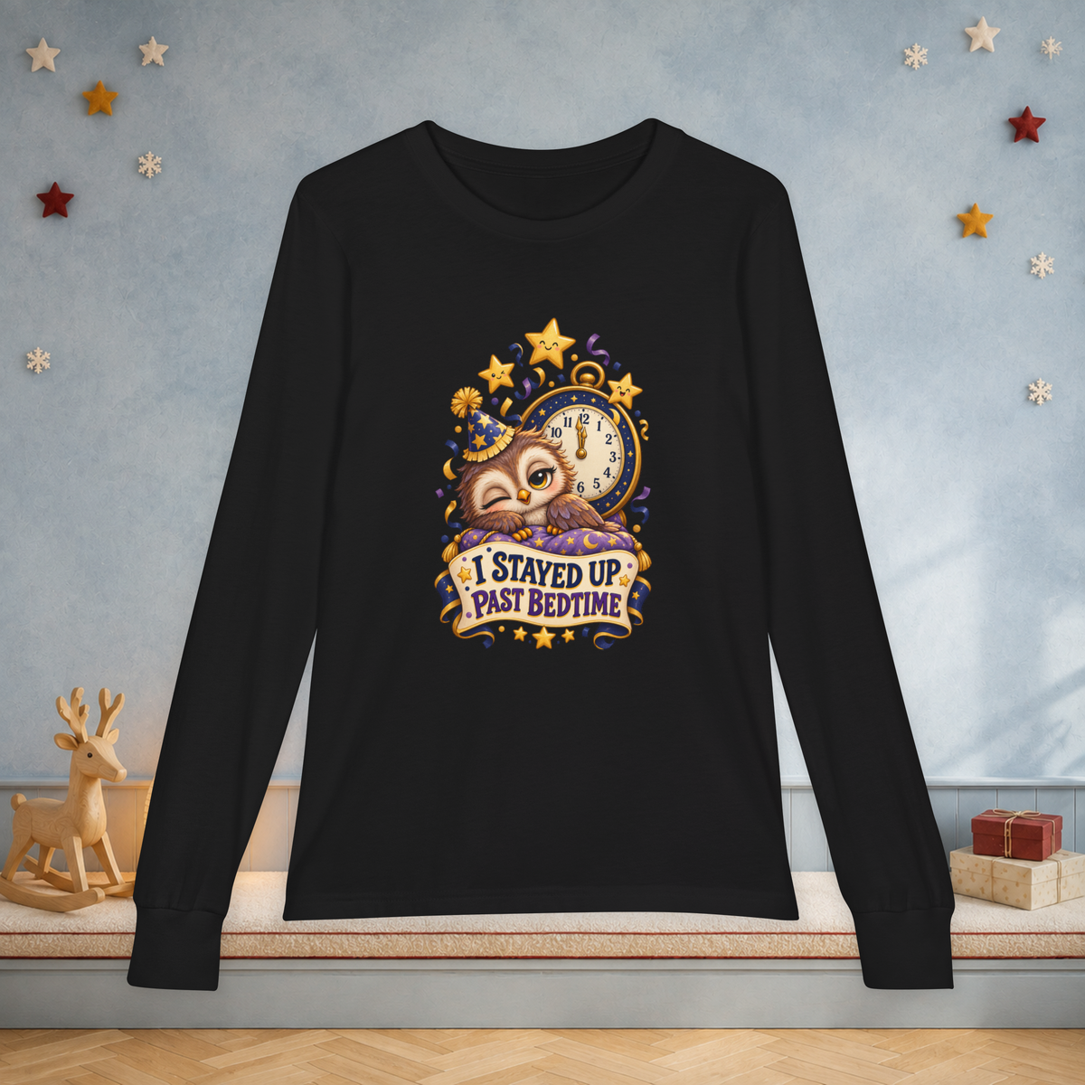 Youth “I Stayed Up Past Bedtime” Long Sleeve Tee — Funny Owl New Year Shirt - Kids clothes - Image 4
