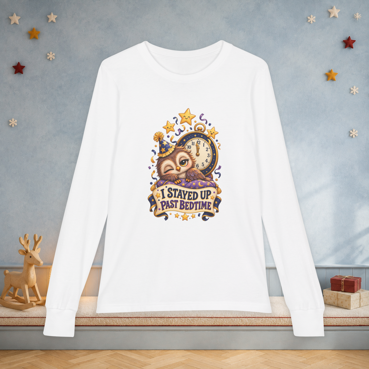Youth “I Stayed Up Past Bedtime” Long Sleeve Tee — Funny Owl New Year Shirt - Kids clothes - Image 2