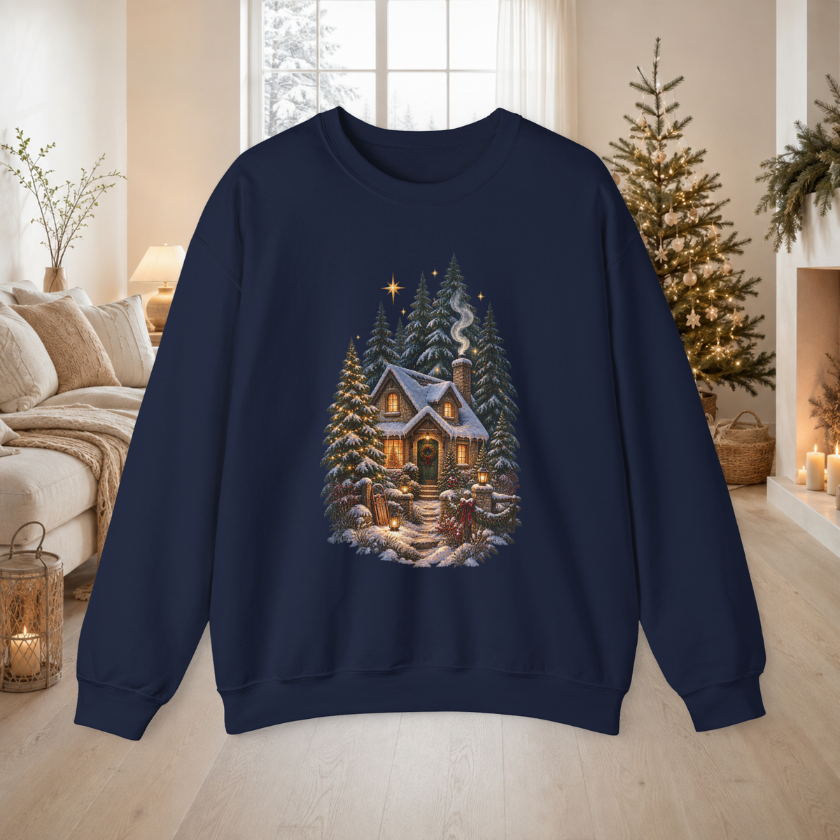 Unisex Crewneck Sweatshirt – Cozy Winter Cabin, Snowy Pines Holiday Design - Sweatshirt - Image 2