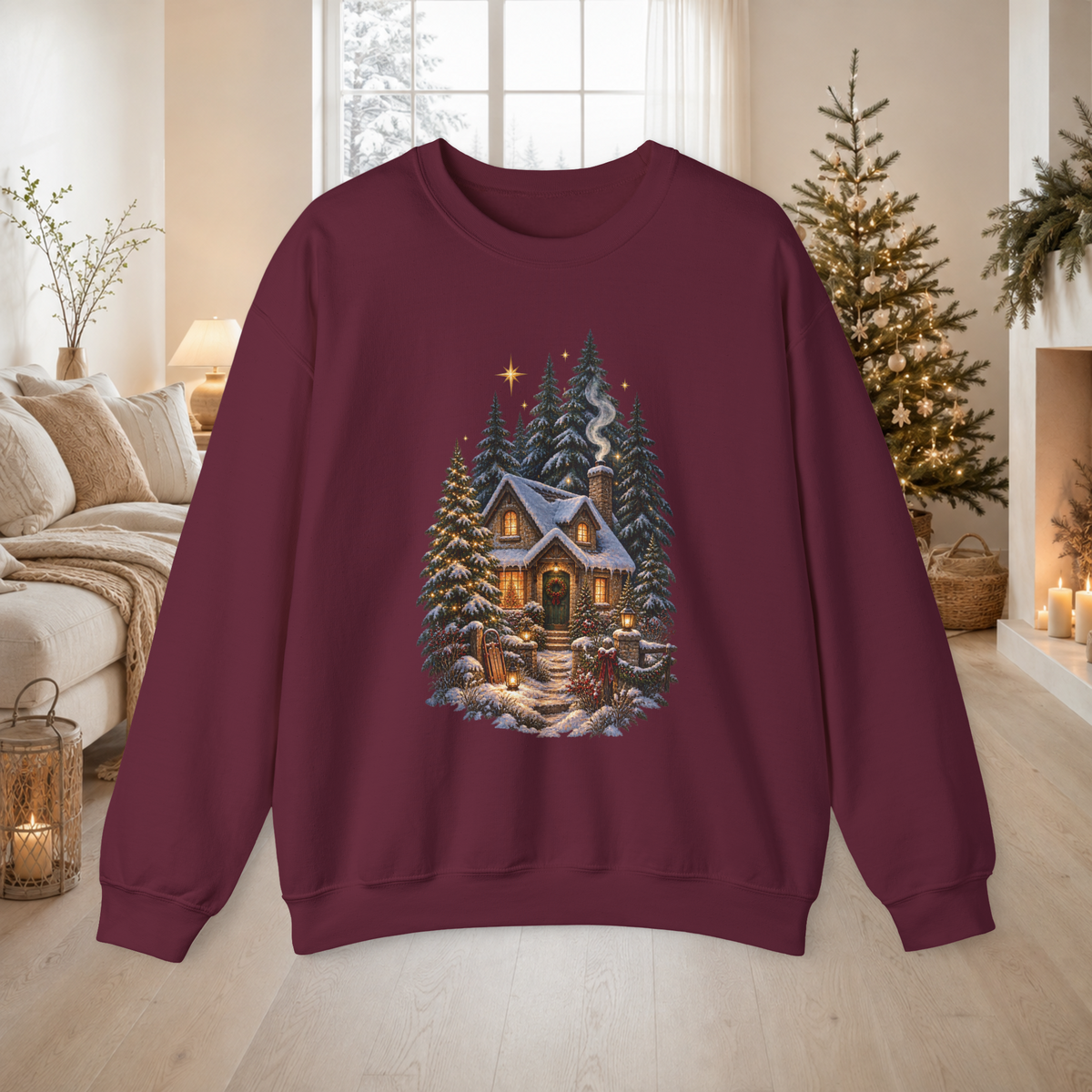 Unisex Crewneck Sweatshirt – Cozy Winter Cabin, Snowy Pines Holiday Design - Sweatshirt - Image 5