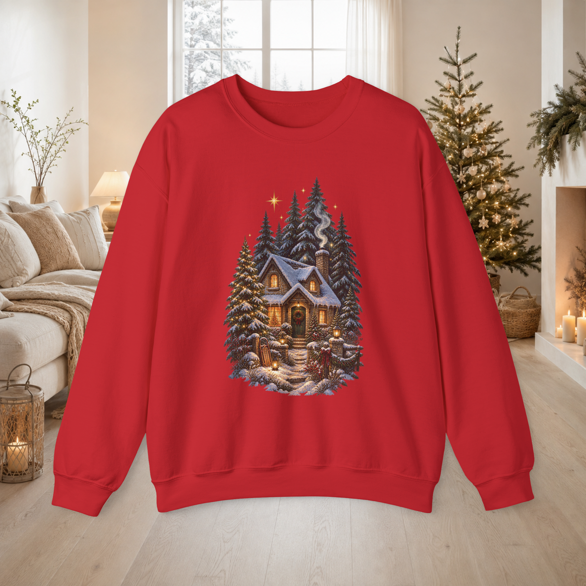 Unisex Crewneck Sweatshirt – Cozy Winter Cabin, Snowy Pines Holiday Design - Sweatshirt - Image 3
