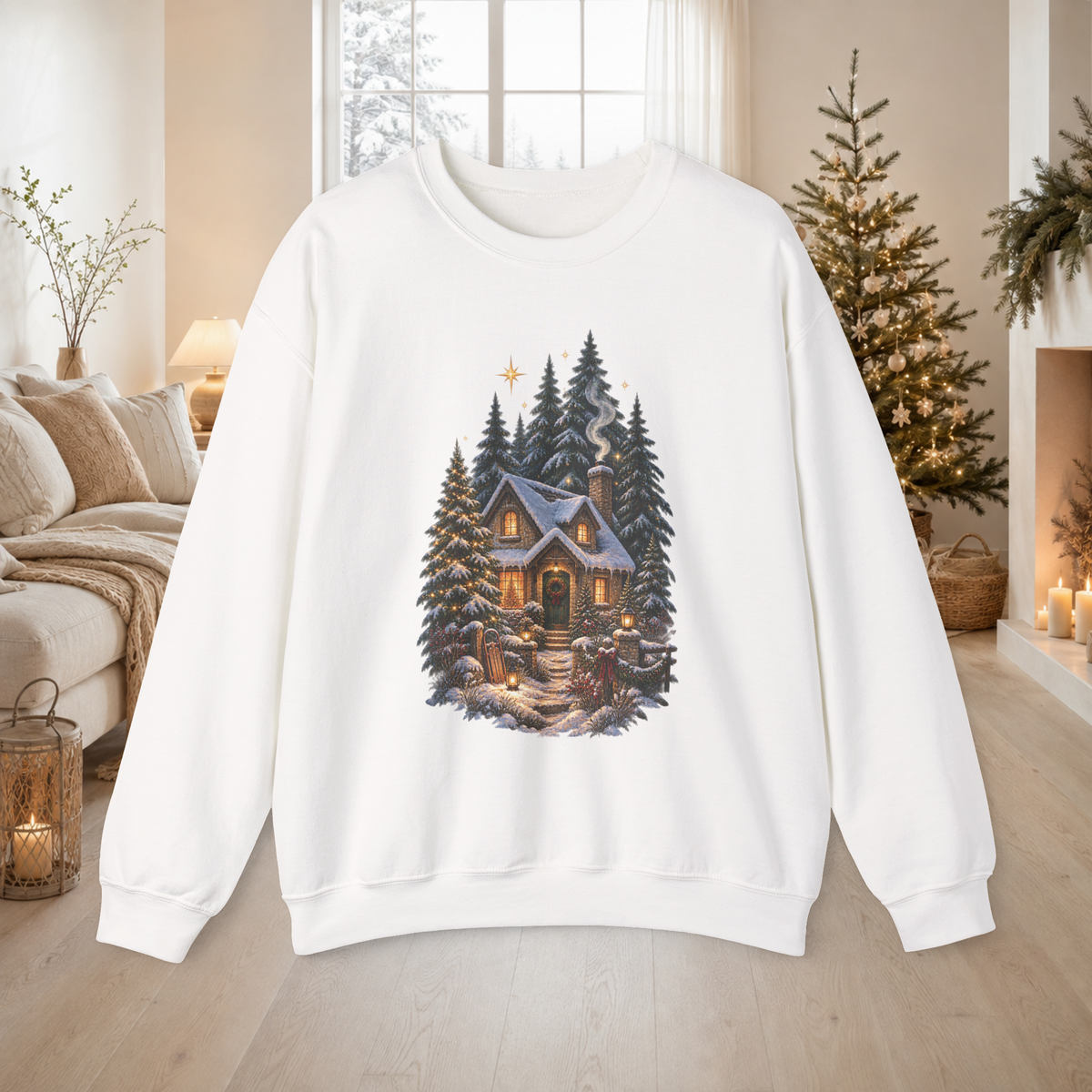 Unisex Crewneck Sweatshirt – Cozy Winter Cabin, Snowy Pines Holiday Design - Sweatshirt - Image 4
