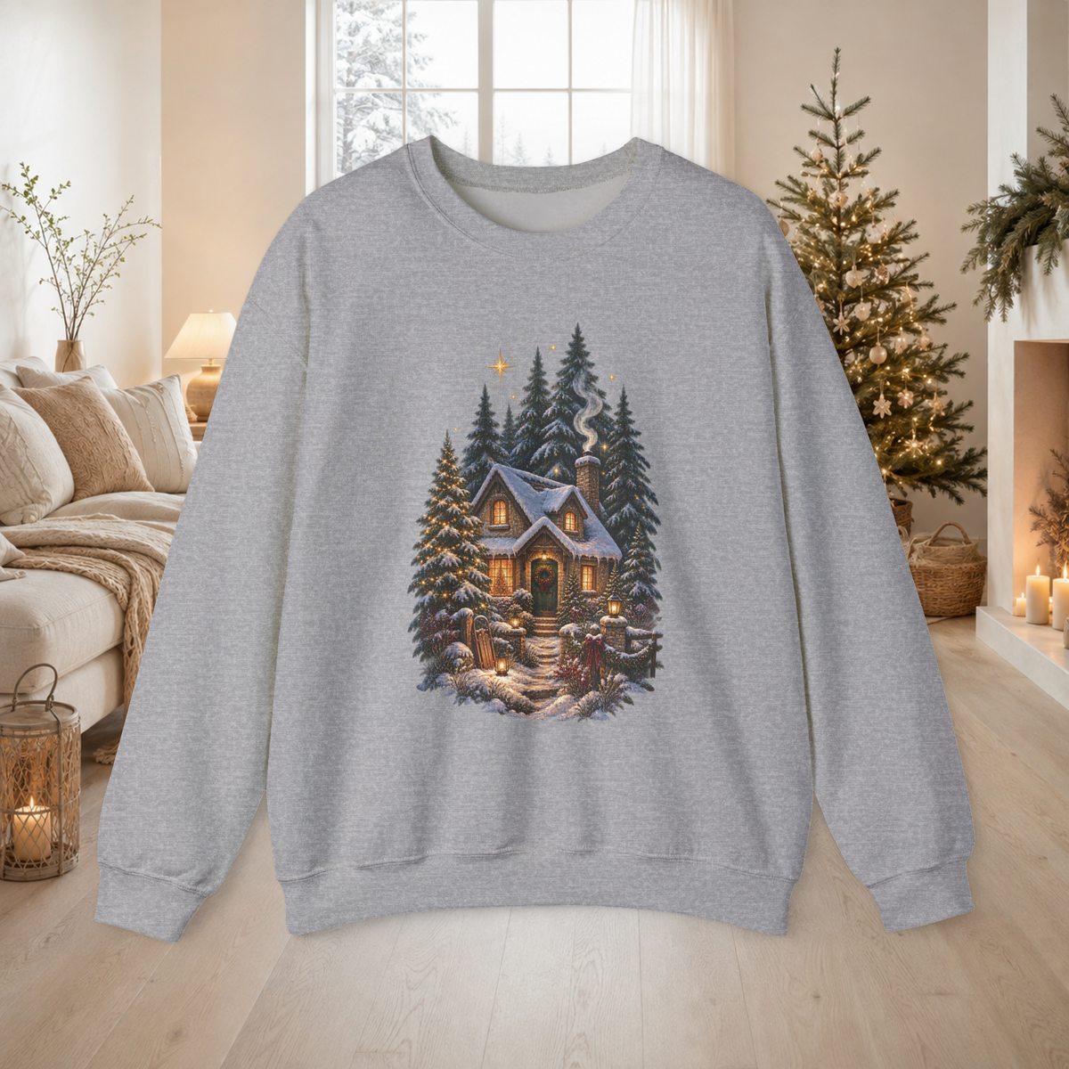 Unisex Crewneck Sweatshirt – Cozy Winter Cabin, Snowy Pines Holiday Design - Sweatshirt - Image 7