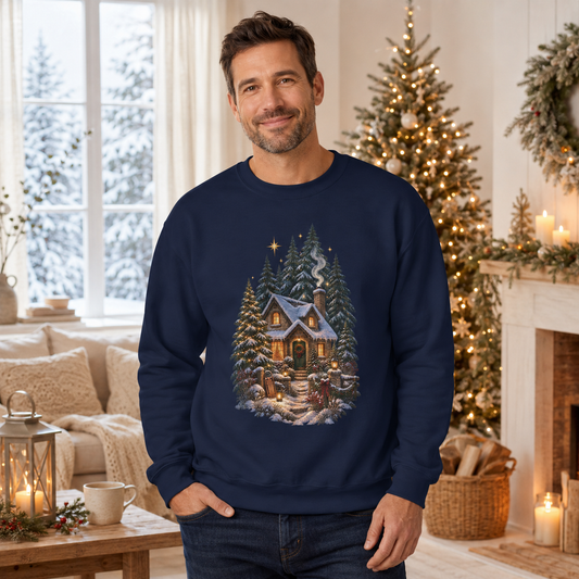 Unisex Crewneck Sweatshirt – Cozy Winter Cabin, Snowy Pines Holiday Design - Sweatshirt - Image 1