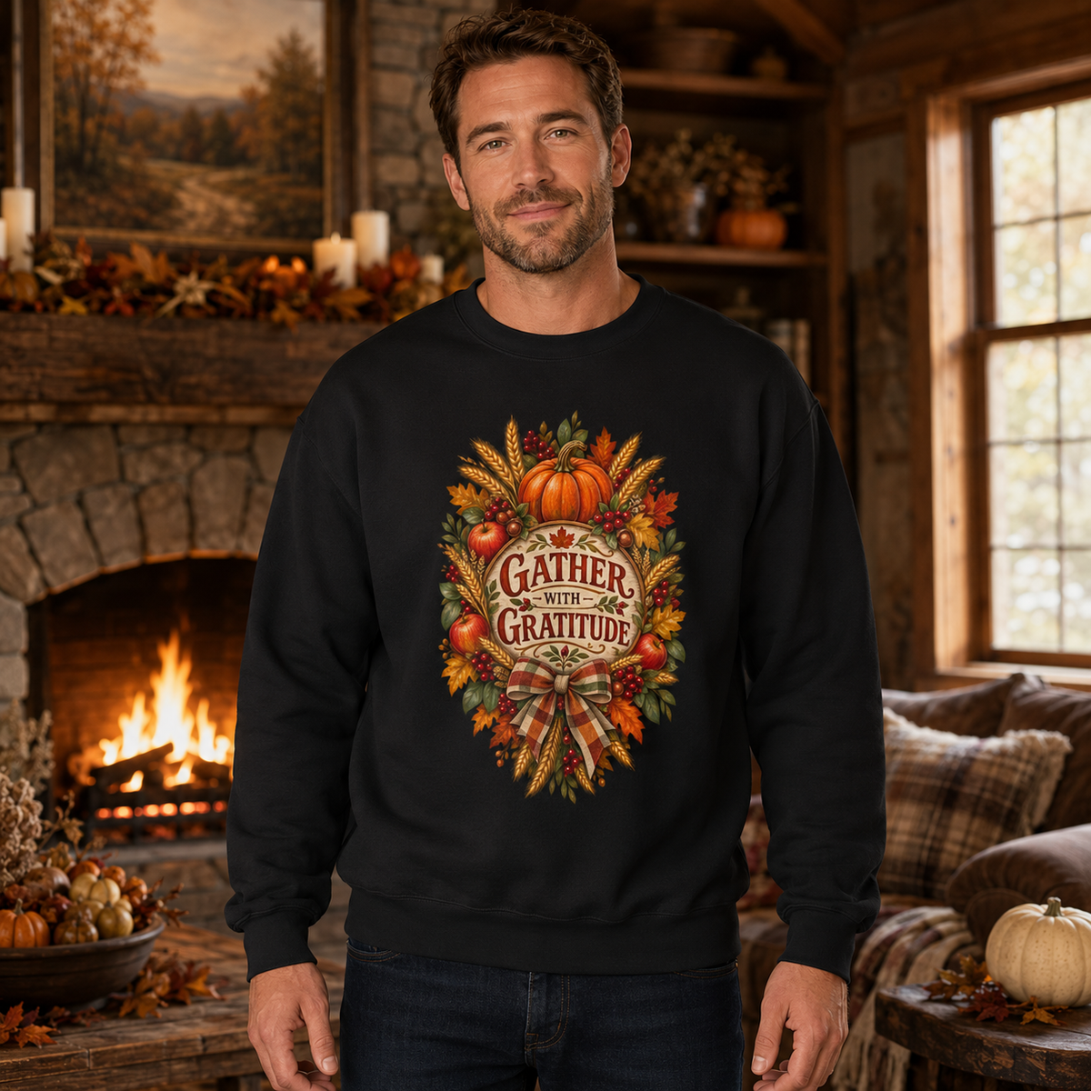 Unisex Adult Crewneck Sweatshirt – Gather with Gratitude Thanksgiving Design - Sweatshirt - Image 3