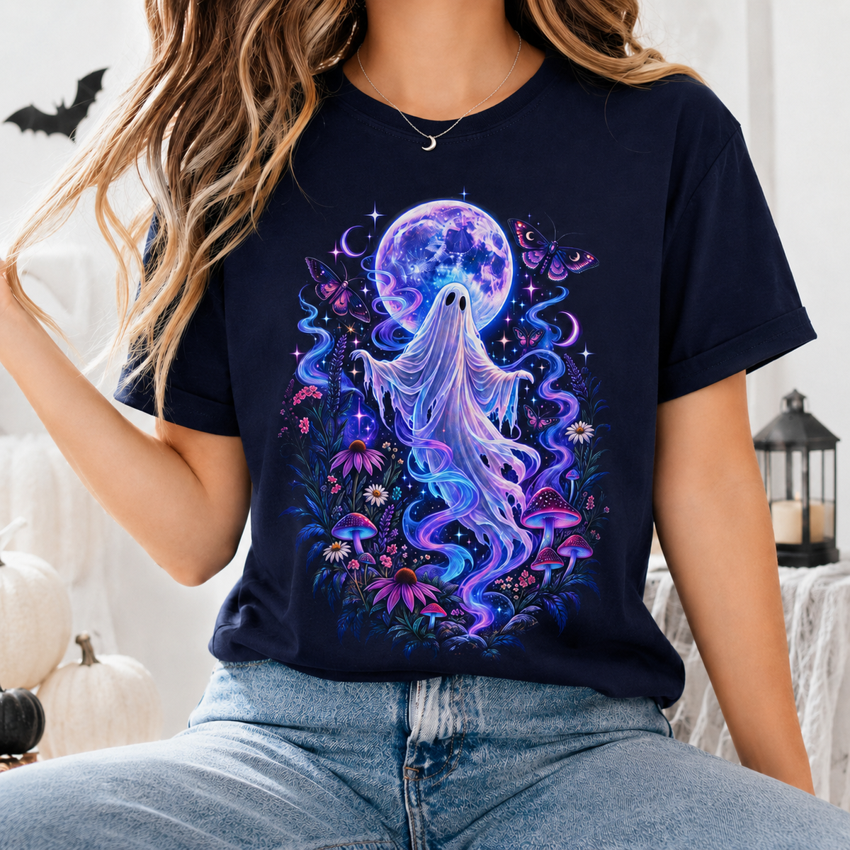 Unisex Halloween Ghost T-Shirt – Purple Moonlight Ghost & Moth Graphic Tee - T-Shirt - Image 1
