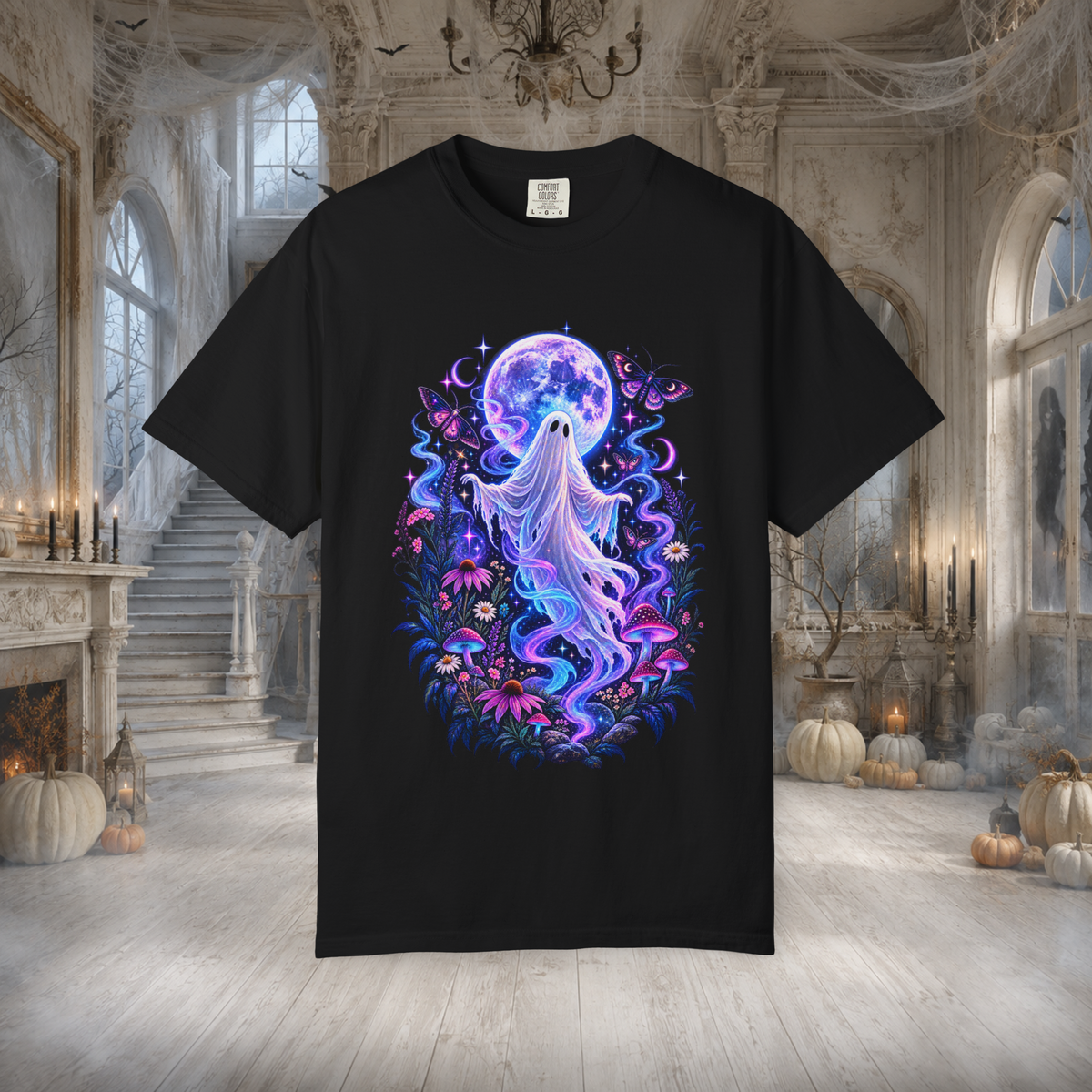 Unisex Halloween Ghost T-Shirt – Purple Moonlight Ghost & Moth Graphic Tee - T-Shirt - Image 6
