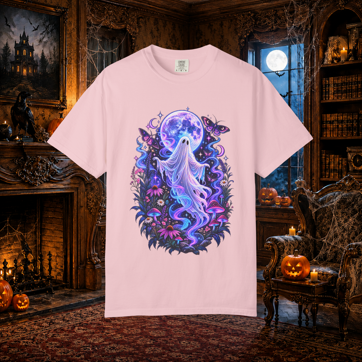 Unisex Halloween Ghost T-Shirt – Purple Moonlight Ghost & Moth Graphic Tee - T-Shirt - Image 5