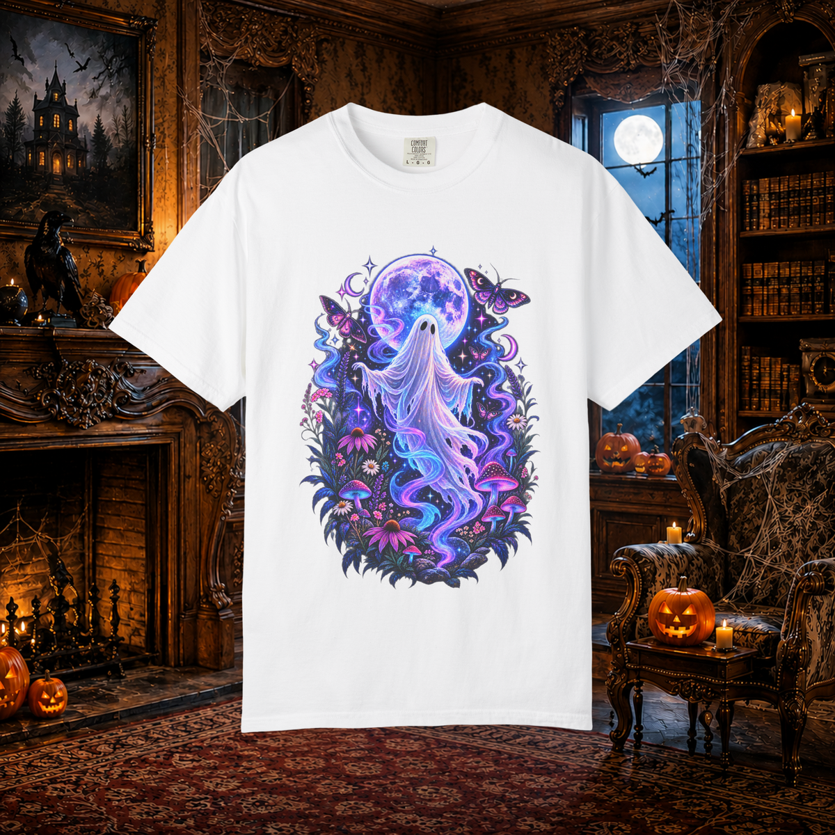Unisex Halloween Ghost T-Shirt – Purple Moonlight Ghost & Moth Graphic Tee - T-Shirt - Image 2
