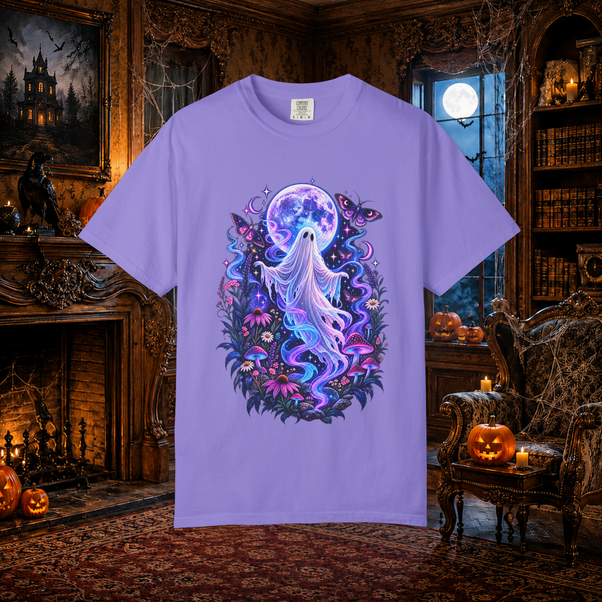 Unisex Halloween Ghost T-Shirt – Purple Moonlight Ghost & Moth Graphic Tee - T-Shirt - Image 4