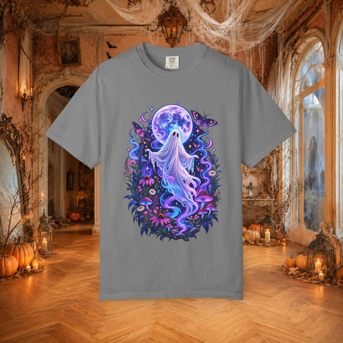 Unisex Halloween Ghost T-Shirt – Purple Moonlight Ghost & Moth Graphic Tee - T-Shirt - Image 3