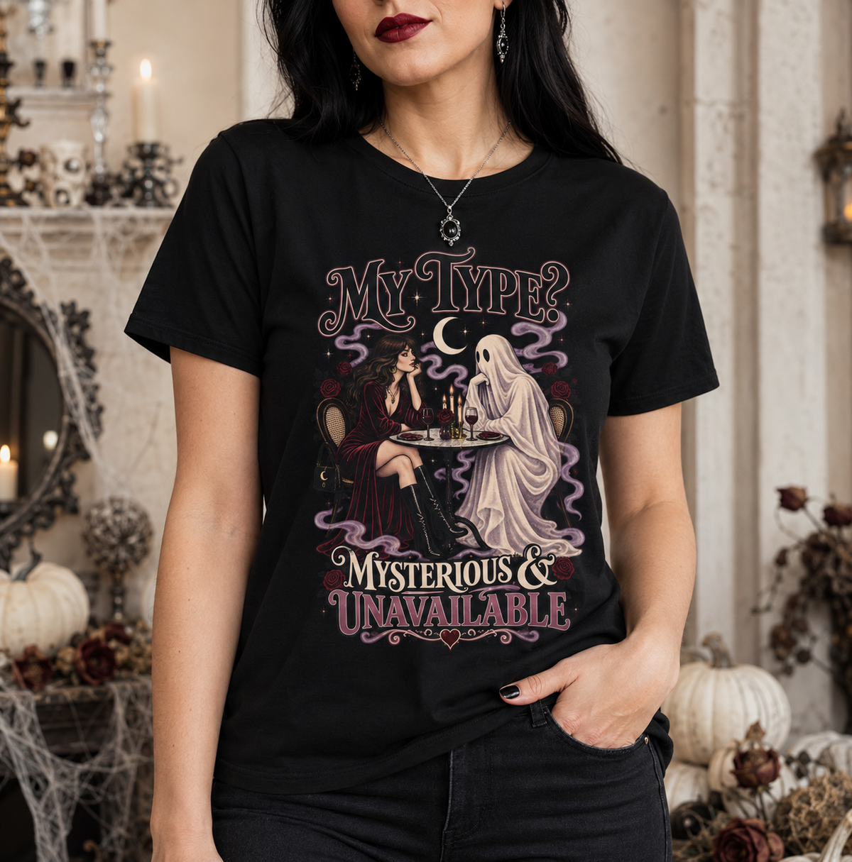 Unisex Adult Halloween T-Shirt – My type? Mysterious & Unavailable Retro Ghost Graphic Tee - T-Shirt - Image 1