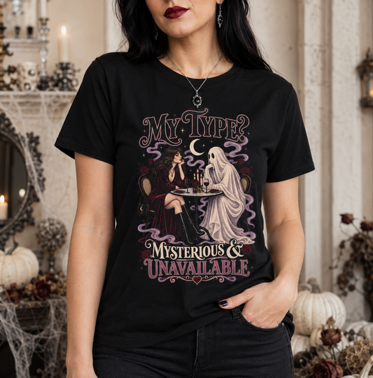 Unisex Adult Halloween T-Shirt – My type? Mysterious & Unavailable Retro Ghost Graphic Tee - T-Shirt - Image 1