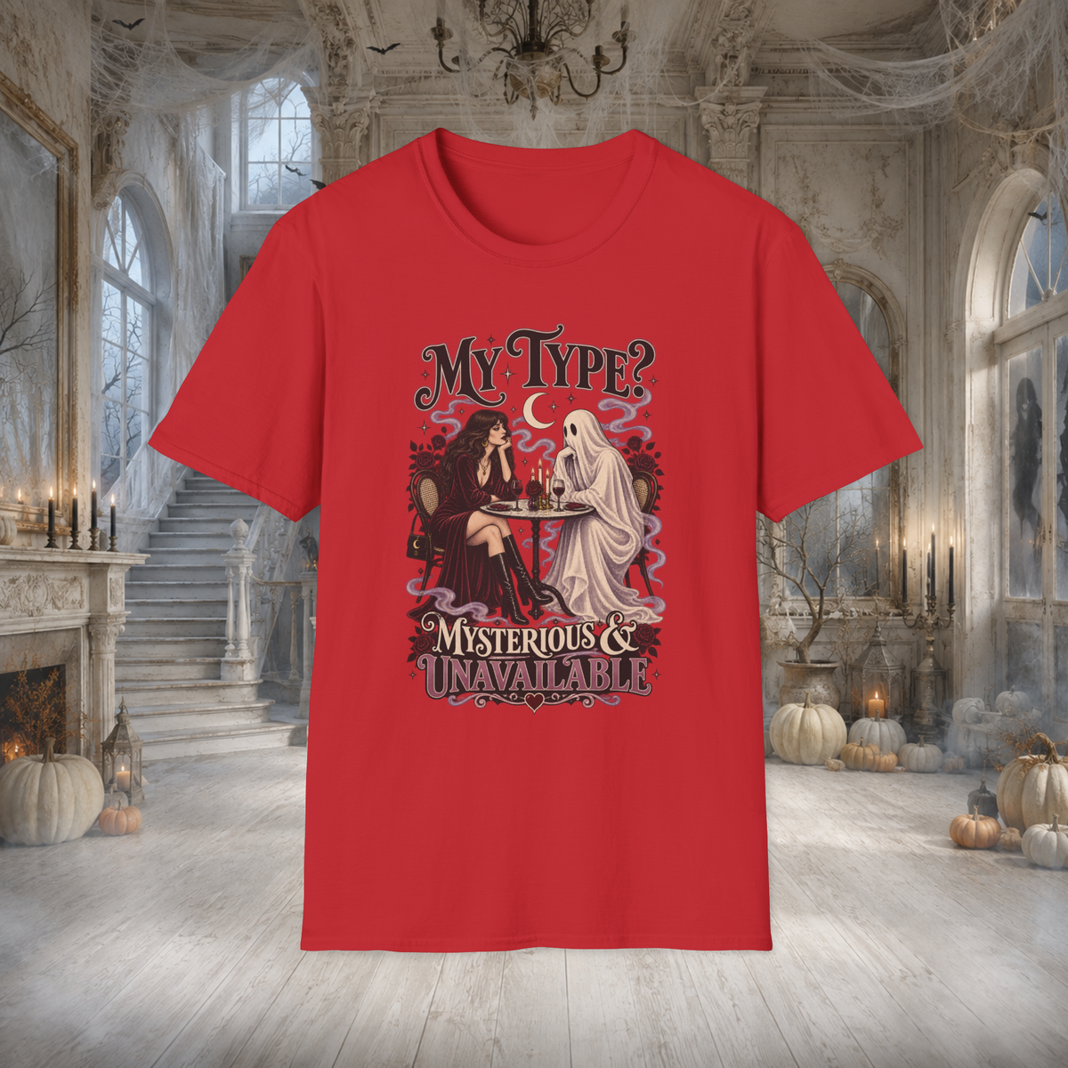Unisex Adult Halloween T-Shirt – My type? Mysterious & Unavailable Retro Ghost Graphic Tee - T-Shirt - Image 3