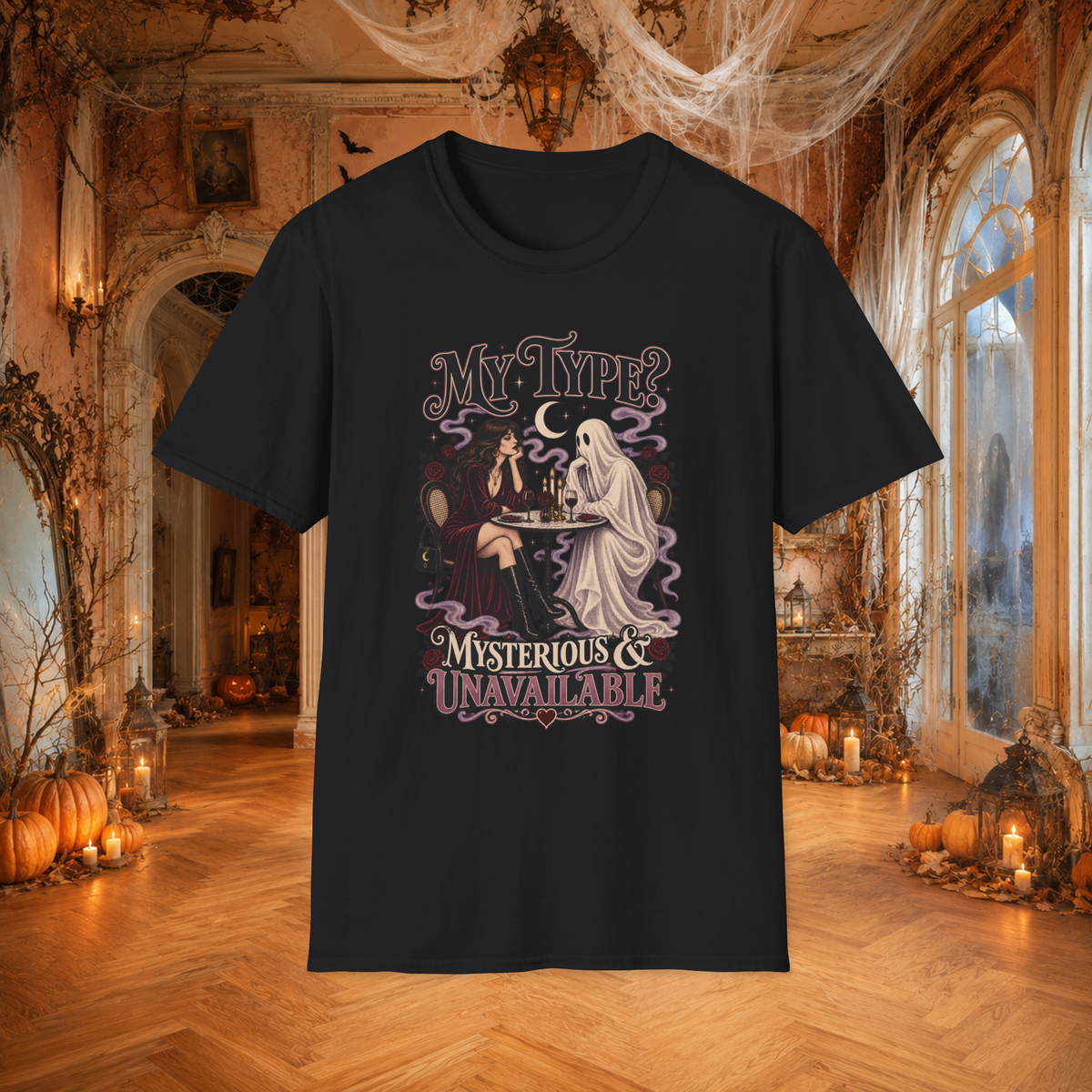 Unisex Adult Halloween T-Shirt – My type? Mysterious & Unavailable Retro Ghost Graphic Tee - T-Shirt - Image 7