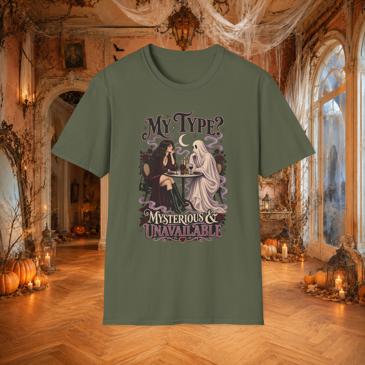 Unisex Adult Halloween T-Shirt – My type? Mysterious & Unavailable Retro Ghost Graphic Tee - T-Shirt - Image 4