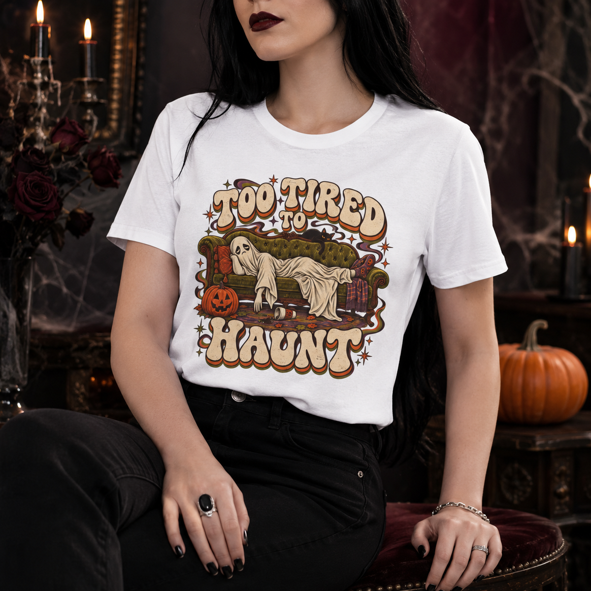 Unisex Adult Halloween T-Shirt – Too Tired to Haunt Retro Ghost Graphic Tee - T-Shirt - Image 1