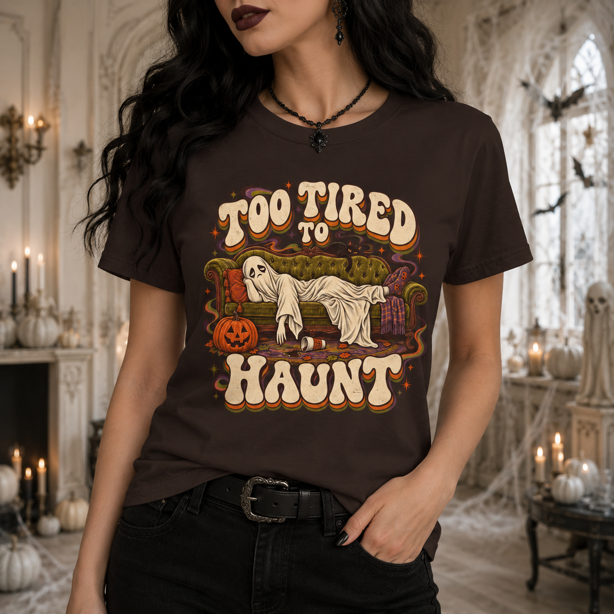 Unisex Adult Halloween T-Shirt – Too Tired to Haunt Retro Ghost Graphic Tee - T-Shirt - Image 3