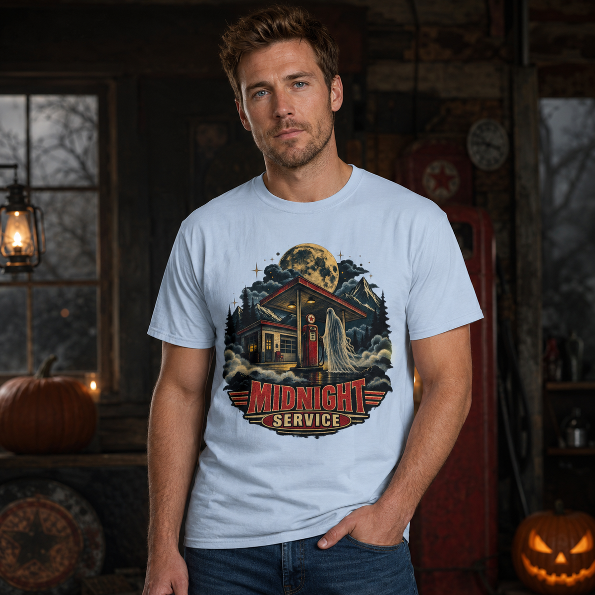 Unisex Adult Halloween T-Shirt – Midnight Service Retro Ghost Gas Station Graphic Tee - T-Shirt - Image 1