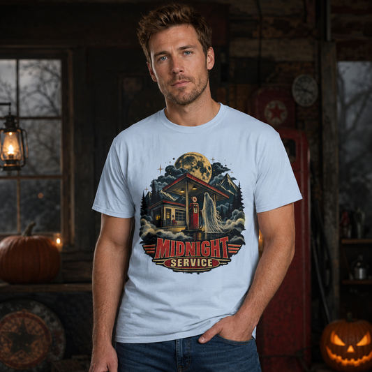 Unisex Adult Halloween T-Shirt – Midnight Service Retro Ghost Gas Station Graphic Tee - T-Shirt - Image 1