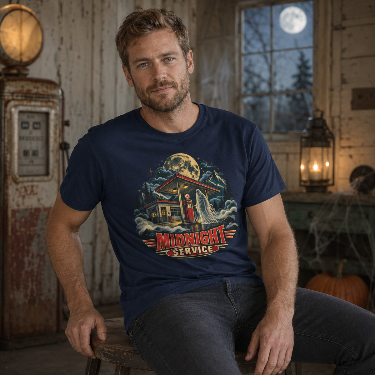 Unisex Adult Halloween T-Shirt – Midnight Service Retro Ghost Gas Station Graphic Tee - T-Shirt - Image 6