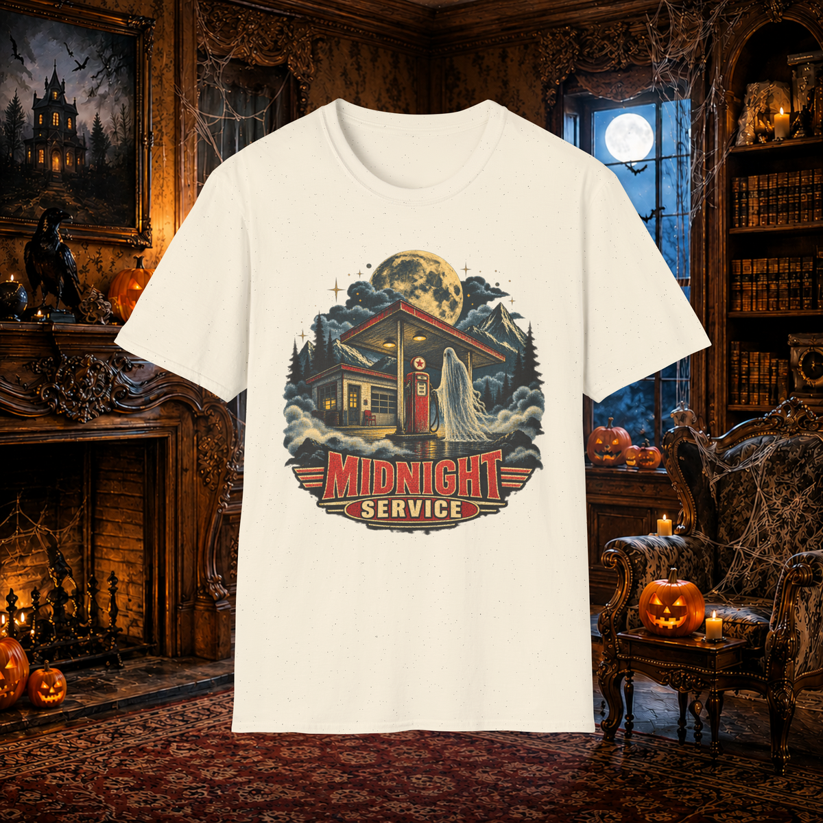 Unisex Adult Halloween T-Shirt – Midnight Service Retro Ghost Gas Station Graphic Tee - T-Shirt - Image 4