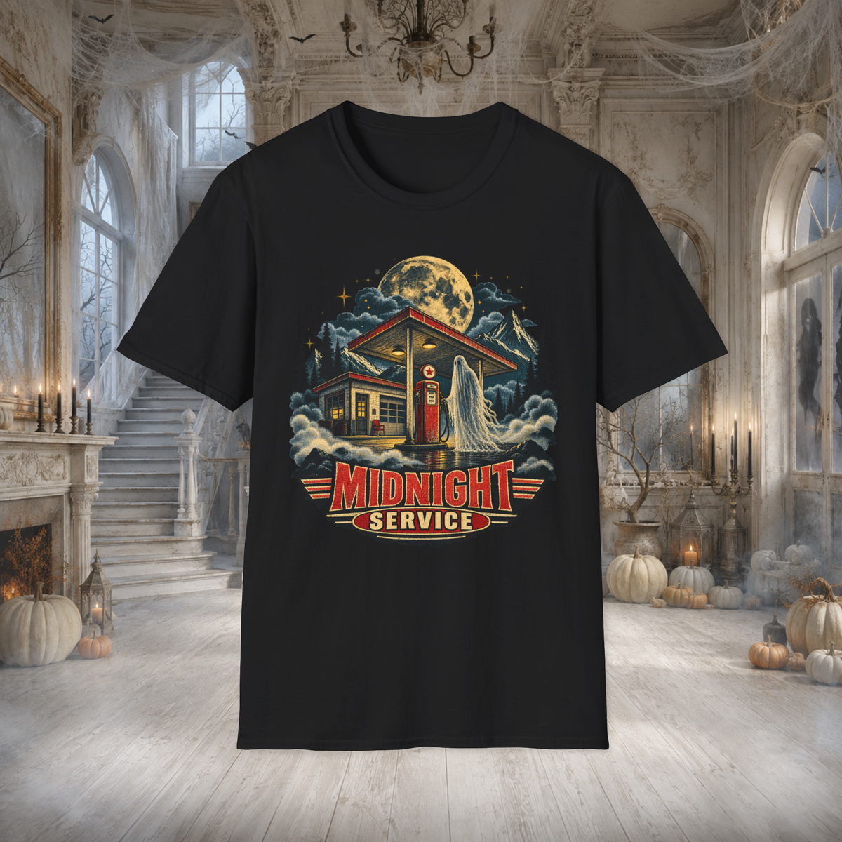 Unisex Adult Halloween T-Shirt – Midnight Service Retro Ghost Gas Station Graphic Tee - T-Shirt - Image 3