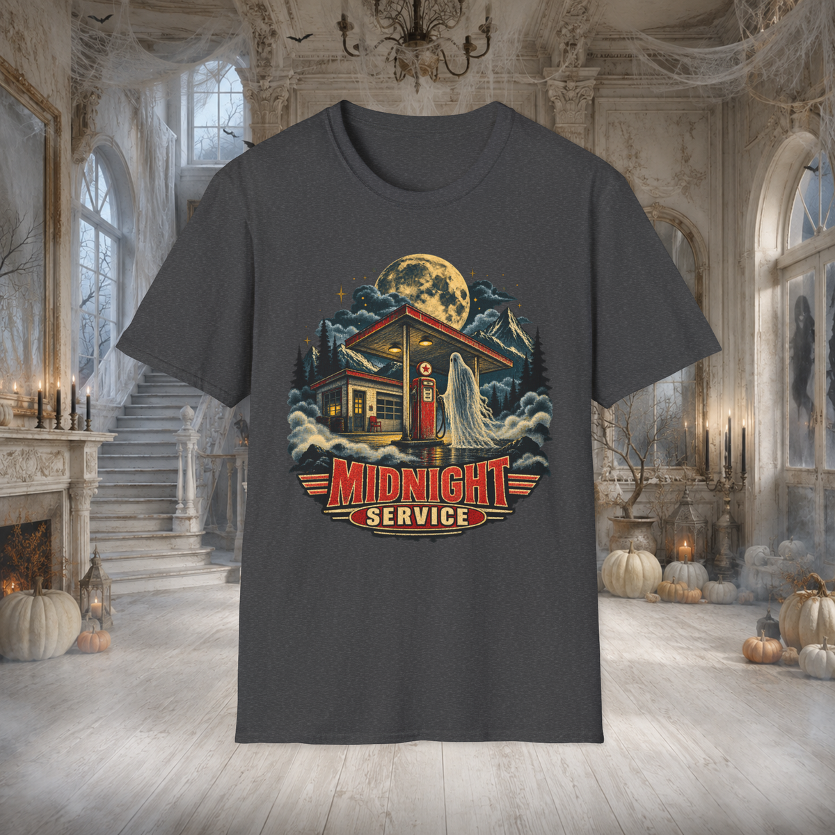Unisex Adult Halloween T-Shirt – Midnight Service Retro Ghost Gas Station Graphic Tee - T-Shirt - Image 5
