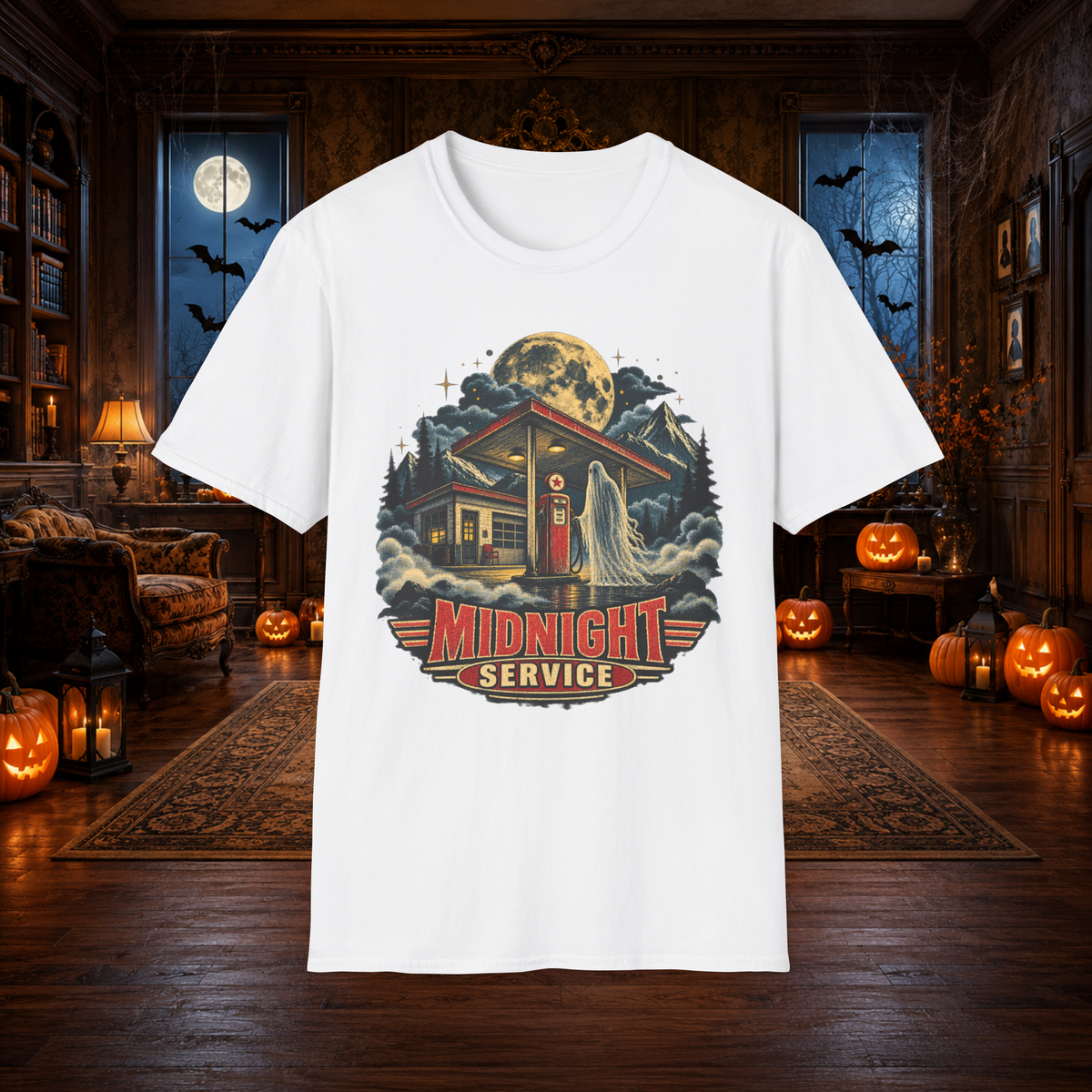 Unisex Adult Halloween T-Shirt – Midnight Service Retro Ghost Gas Station Graphic Tee - T-Shirt - Image 2