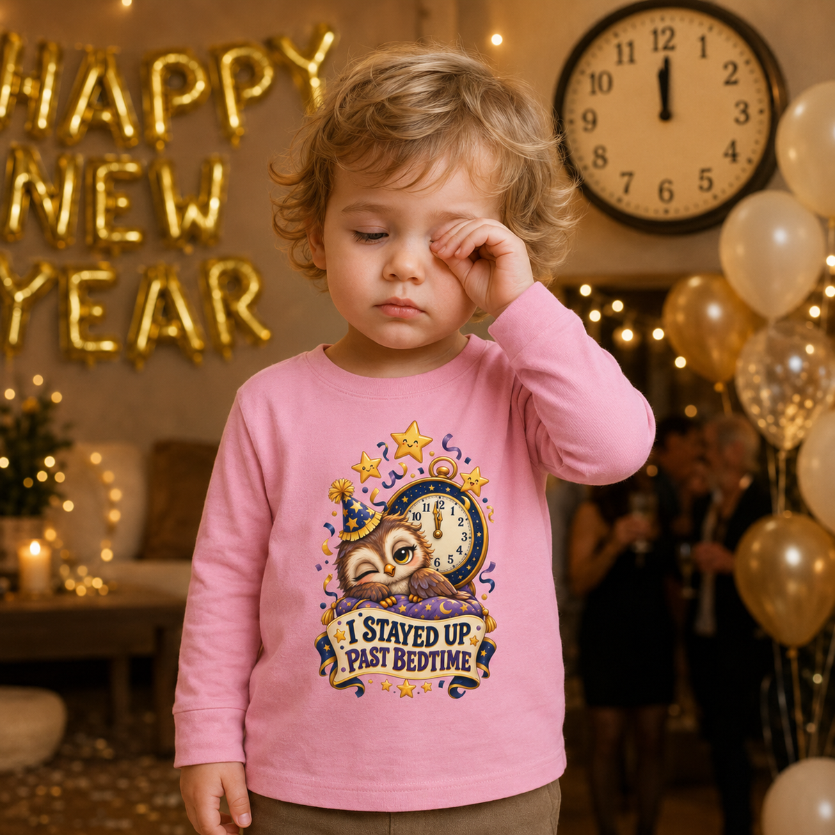 Unisex Toddler Long Sleeve Tee — “I Stayed Up Past Bedtime” Funny Owl New Year Shirt - Kids clothes - Image 1