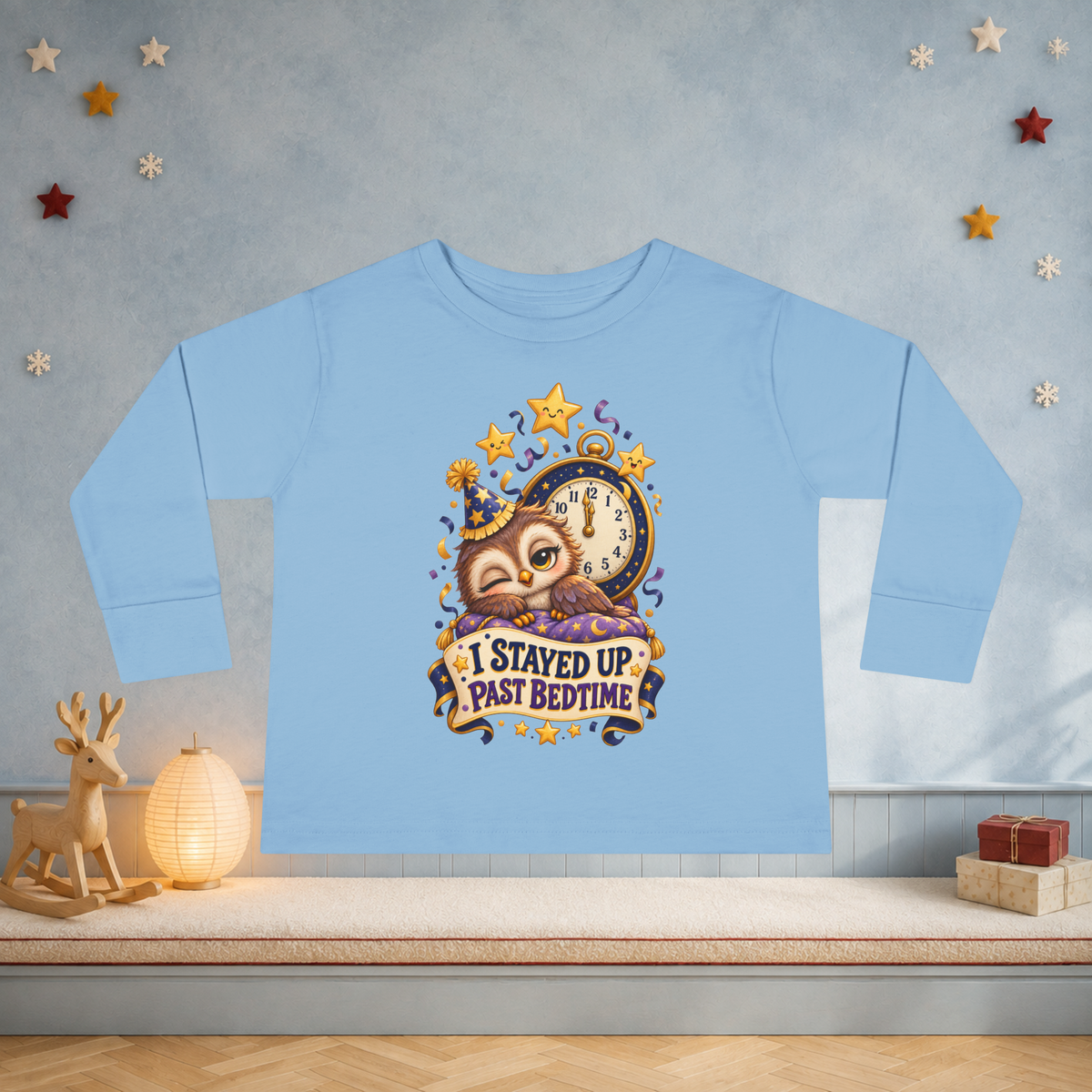 Unisex Toddler Long Sleeve Tee — “I Stayed Up Past Bedtime” Funny Owl New Year Shirt - Kids clothes - Image 4