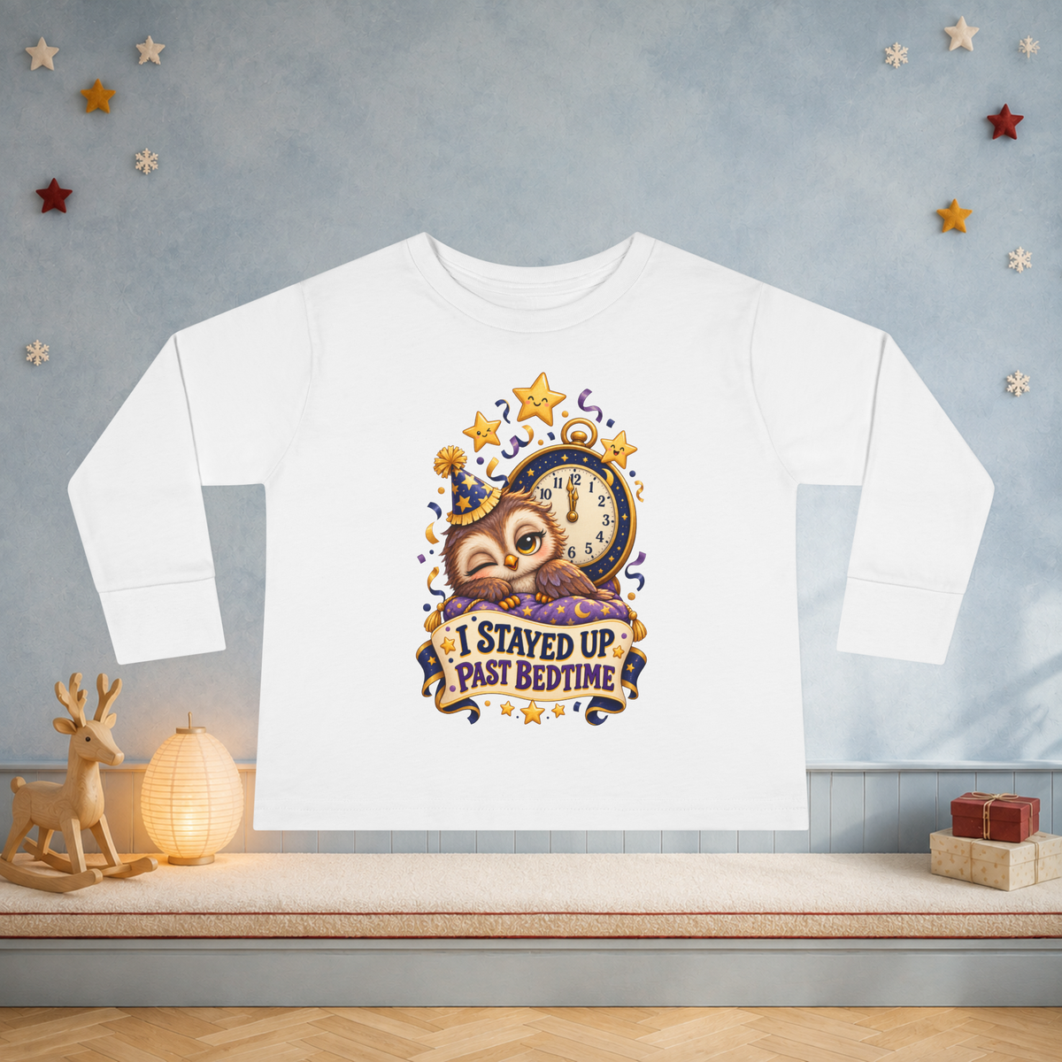 Unisex Toddler Long Sleeve Tee — “I Stayed Up Past Bedtime” Funny Owl New Year Shirt - Kids clothes - Image 2