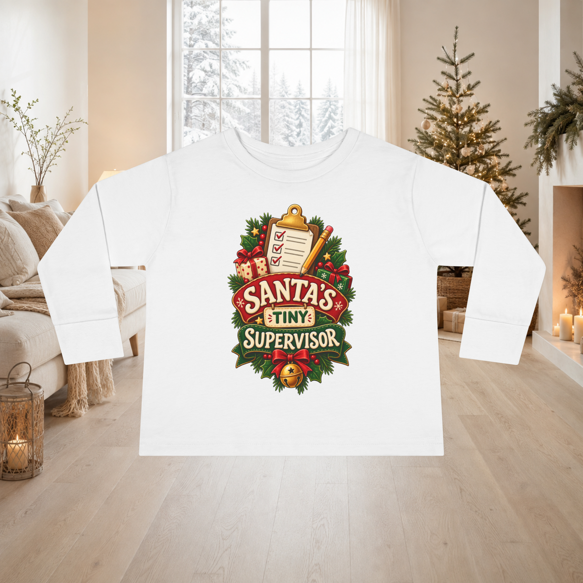 Unisex Toddler Long Sleeve Tee — “Santa’s Tiny Supervisor” Christmas Shirt - Kids clothes - Image 2